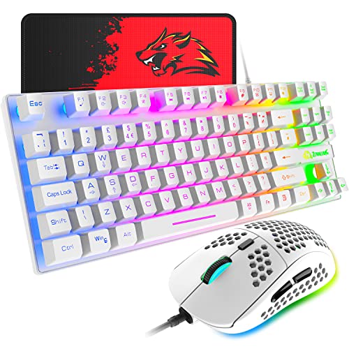 Gaming-Tastatur und -Maus, 88-Tasten-USB-Tastatur mit Hintergrundbeleuchtung in Regenbogenfarbe + programmierbare ultraleichte Gaming-Maus mit 6400 DPI für Computer PC PS4 PS5 Laptop Mac (weiß) von XINMENG