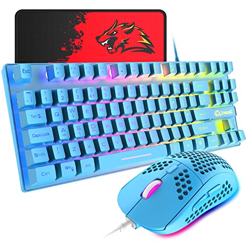 Gaming-Tastatur und -Maus, 88-Tasten-USB-Tastatur mit Hintergrundbeleuchtung in Regenbogenfarbe + programmierbare ultraleichte Gaming-Maus mit 6400 dpi für Computer PC PS4 PS5 Laptop Mac ( blau) von XINMENG
