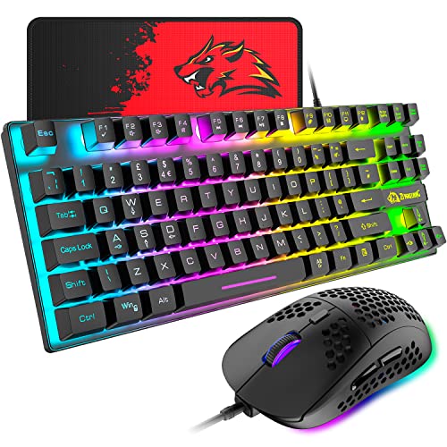 Gaming-Tastatur und -Maus, 88-Tasten-USB-Tastatur mit Hintergrundbeleuchtung in Regenbogenfarbe + programmierbare ultraleichte Gaming-Maus mit 6400 DPI für Computer PC PS4 PS5 Laptop Mac (schwarz) von XINMENG