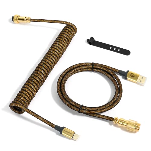 XINMENG C03 Custom Spiralkabel USB-C auf A geflochten mit abnehmbarem, doppelt ummanteltem Spiralkabel Typ-C auf USB-A ausziehbare Spring Line Metall Aviator Gold für Xbox Maus-Gold von XINMENG
