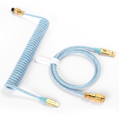 XINMENG C03 Geflochtenes Spiral-Tastaturkabel, Pro Custom USB-C-Doppelmantel-Metall-Fliegerkabel für Gaming-Tastatur, Typ-C auf USB-A für mechanische Tastatur – Hellblau von XINMENG
