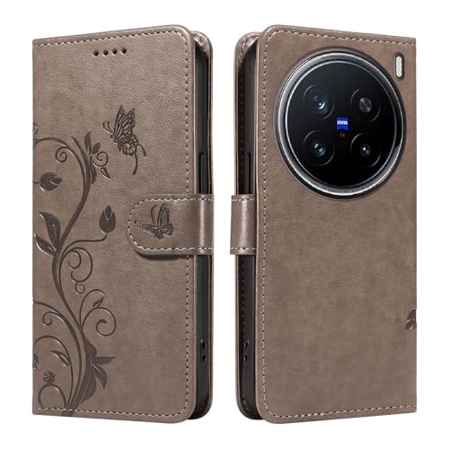XINNI Hülle für vivo X200 Pro, Aprikosenblütenbaum Schmetterling Geprägte PU Leder Brieftasche Abdeckung, Grau XINNI Hülle für vivo X200 Pro, Aprikosenblütenbaum Schmetterling Geprägte PU Leder Brieftasche Abdeckung, Grau von XINNI
