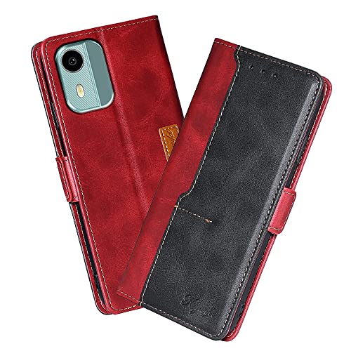 XINNI Robustes Etui für Nokia C12 Hülle, PU/TPU Retro Klappetui Stoßfeste Schutzhülle Flip Handyhülle Magnetisch Telefonhülle Case Cover, Rot von XINNI