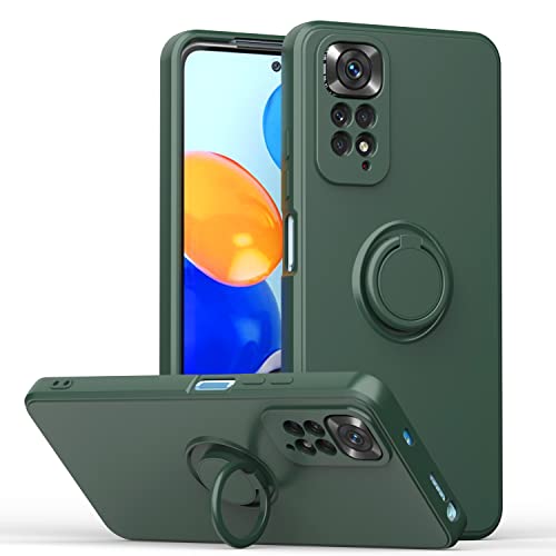 XINYEXIN Flüssiges Silikon Hülle für Xiaomi Redmi Note 11S / Redmi Note 11 (6.43"), 360 Grad Ring Stand Case Cover Lanyard Handyhülle Gerade Kante Ultradünne Stoßfest Schutzhülle - ArmyGreen von XINYEXIN