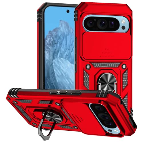 XINYEXIN Kameraschutz Handyhülle für Google Pixel 9 Pro XL Hülle mit 360 Grad Metal Ring Ständer Stoßfest Schutzhülle Hard Case Sliding Camera Cover - Rot von XINYEXIN