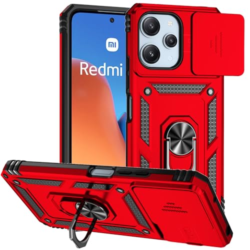 XINYEXIN Kameraschutz Handyhülle für Xiaomi Redmi 12 4G Hülle mit 360 Grad Metal Ring Ständer Stoßfest Schutzhülle Hard Case Sliding Camera Cover - Rot von XINYEXIN