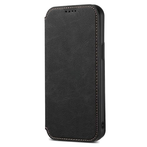 XINYUEST Flip Case für iPhone 16 Pro,Retro Leder Handyhülle mit Kartenfächern,Ständer,Soft Wallet,Handyhülle,Schwarz,16 Pro von XINYUEST