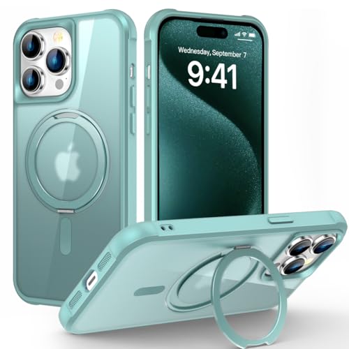 XIQI Schutzhülle für iPhone 15 Pro 15,5 cm (6,1 Zoll), mit magnetischem, um 360 Grad drehbarem Ringständer und durchscheinender Rückabdeckung [kompatibel mit Mag-Safe] für Herren, Cyan von XIQI