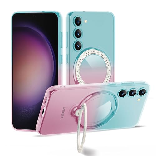 XIQI für Samsung Galaxy S23 Hülle mit 360° drehbarem Ringständer Zweifarbiger klarer Farbverlauf Handyhülle kompatibel mit MagSafe, stoßfeste Schutzhülle für Damen Herren, Farbverlauf Grün-Pink von XIQI
