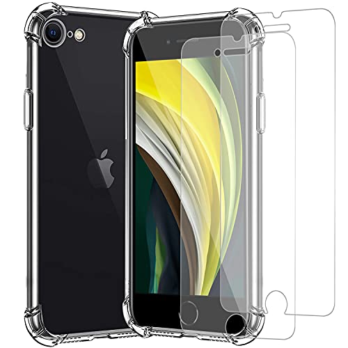 Schutzhülle und Hartglas für iPhone SE 2020 2022/8 7, Schutzhülle iPhone 8/iPhone 7, transparent + 2 x Hartglas-Displayschutzfolie, weiches TPU, stoßfest, 10,9 cm von XIQUTOA