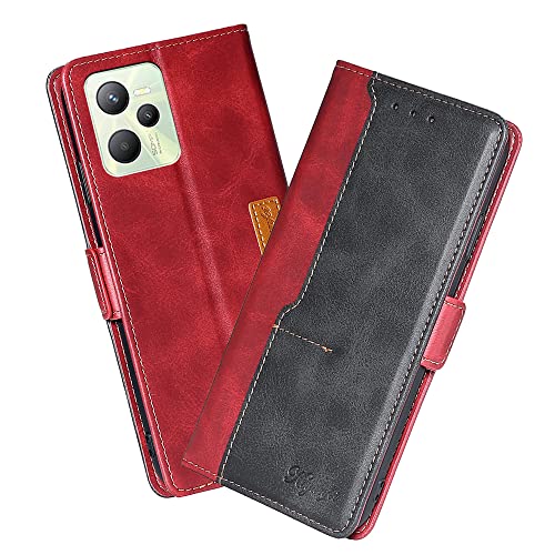 XITEN Robustes Etui für Realme C35(Realme Narzo 50A Prime) Hülle, PU/TPU Retro Klappetui Stoßfeste Schutzhülle Flip Handyhülle Magnetisch Telefonhülle Case Cover, Rot von XITEN