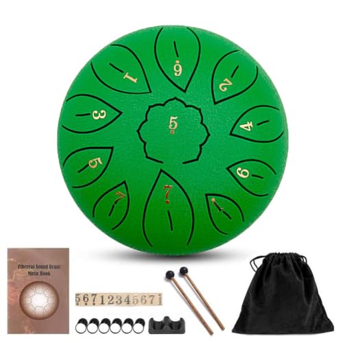 XIUWOUG Steel Tongue Drum 6 Zoll 11 Noten, Buddha Stone Steel Drum, C-Key Handpan Drum, Percussion Handpan Drums für Anfänger Erwachsene Kinder,Grün von XIUWOUG