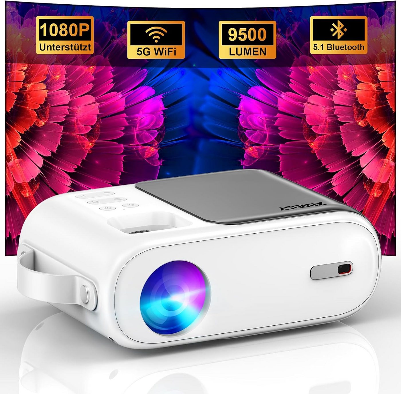 XIWBSY Mini 5G WiFi Bluetooth Full HD, 1080P unterstützt Portabler Projektor (9500 lm, 10000:1, 1280 x 720 px, Fur Heimkino Kompatibel mit TV Stick/X-Box/DVD/Laptop/Smartphone) von XIWBSY