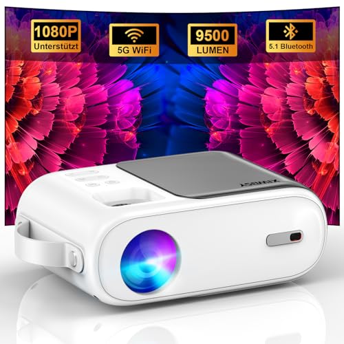 XIWBSY Mini Beamer, 5G WiFi Bluetooth Beamer, Full HD, 1080P Unterstützt, 9500 Lumen Heimkino Tragbarer Projektor, Kompatibel mit TV Stick/X-Box/DVD/Laptop/Smartphone von XIWBSY