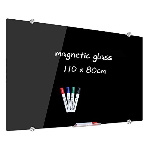 XIWODE Magnetisches Glas-Whiteboard, 110 x 80 cm, schwarz, wandmontiert, gehärtetes Glas, trocken abwischbar, rahmenlos, für Nachrichten, Notizen, Notizen und Home Office von XIWODE