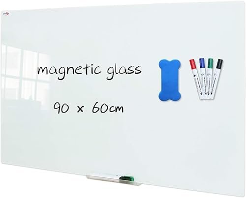 XIWODE Whiteboard Glass, 90 x 60cm, Magnettafeln, Wall Mounted Tempered Glass Whiteboard, Frameless, White Frosted Surface von XIWODE