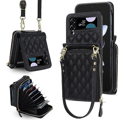 XIZYO Crossbody Reißverschluss Leder Brieftasche Klapphülle für Samsung Galaxy Z Flip 3, mit Verstellbarem Abnehmbarem Kordel, für Frauen Mädchen Niedlich Luxus Handyhülle mit Kartenfach, Schwarz von XIZYO