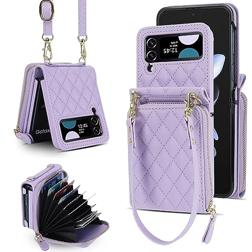 XIZYO Crossbody Reißverschluss Leder Brieftasche Klapphülle für Samsung Galaxy Z Flip 3, mit Verstellbarem Abnehmbarem Kordel, für Frauen Mädchen Niedlich Luxus Handyhülle mit Kartenfach, Lila von XIZYO