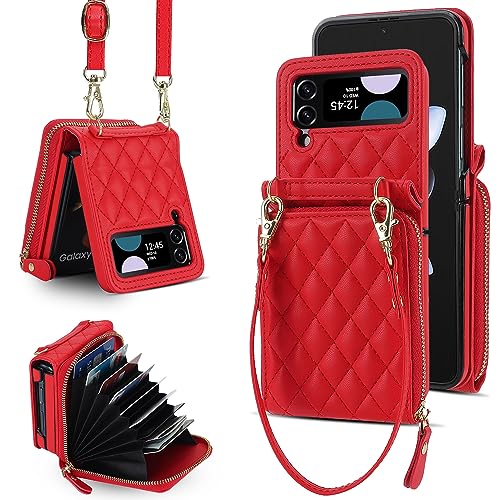 XIZYO Crossbody Reißverschluss Leder Brieftasche Klapphülle für Samsung Galaxy Z Flip 3, mit Verstellbarem Abnehmbarem Kordel, für Frauen Mädchen Niedlich Luxus Handyhülle mit Kartenfach, Rot von XIZYO