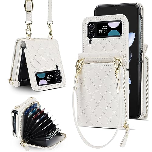 XIZYO Crossbody Reißverschluss Leder Brieftasche Klapphülle für Samsung Galaxy Z Flip 3, mit Verstellbarem Abnehmbarem Kordel, für Frauen Mädchen Niedlich Luxus Handyhülle mit Kartenfach, Weiß von XIZYO