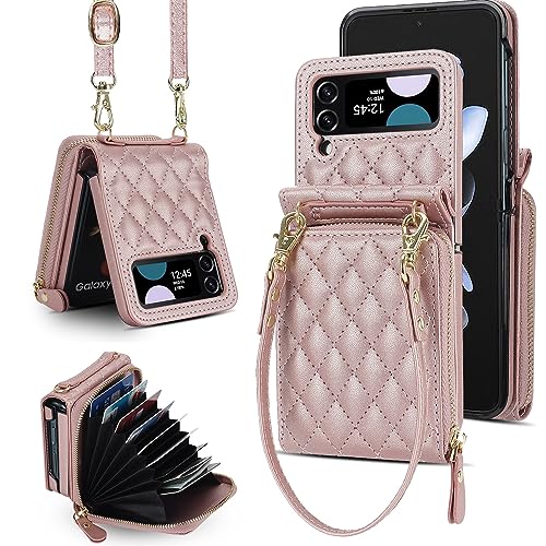 XIZYO Crossbody Reißverschluss Leder Brieftasche Klapphülle für Samsung Galaxy Z Flip 4, mit Verstellbarem Abnehmbarem Kordel, für Frauen Mädchen Niedlich Luxus Handyhülle mit Kartenfach, Roségold von XIZYO