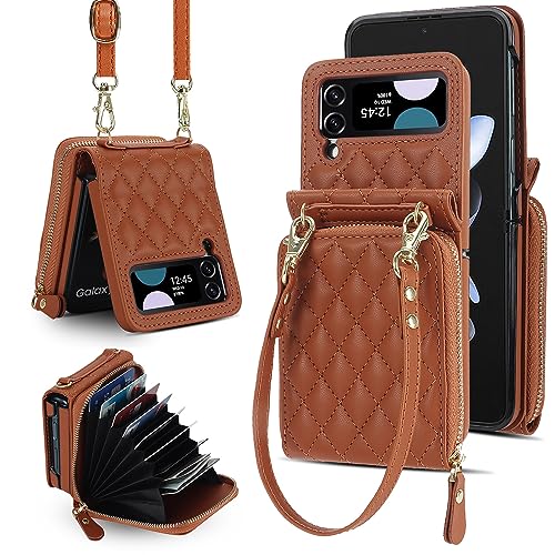 XIZYO Crossbody Reißverschluss Leder Brieftasche Klapphülle für Samsung Galaxy Z Flip 4, mit Verstellbarem Abnehmbarem Kordel, für Frauen Mädchen Niedlich Luxus Handyhülle mit Kartenfach, Braun von XIZYO