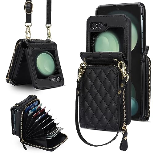 XIZYO Crossbody Reißverschluss Leder Brieftasche Klapphülle für Samsung Galaxy Z Flip 5, mit Verstellbarem Abnehmbarem Kordel, für Frauen Mädchen Niedlich Luxus Handyhülle mit Kartenfach, Schwarz von XIZYO
