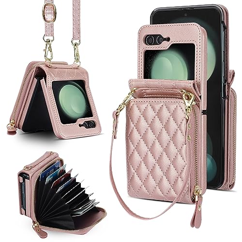 XIZYO Crossbody Reißverschluss Leder Brieftasche Klapphülle für Samsung Galaxy Z Flip 5, mit Verstellbarem Abnehmbarem Kordel, für Frauen Mädchen Niedlich Luxus Handyhülle mit Kartenfach, Roségold XIZYO Crossbody Reißverschluss Leder Brieftasche Klapphülle für Samsung Galaxy Z Flip 5, mit Verstellbarem Abnehmbarem Kordel, für Frauen Mädchen Niedlich Luxus Handyhülle mit Kartenfach, Roségold von XIZYO