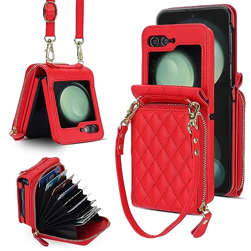 XIZYO Crossbody Reißverschluss Leder Brieftasche Klapphülle für Samsung Galaxy Z Flip 5, mit Verstellbarem Abnehmbarem Kordel, für Frauen Mädchen Niedlich Luxus Handyhülle mit Kartenfach, Rot von XIZYO