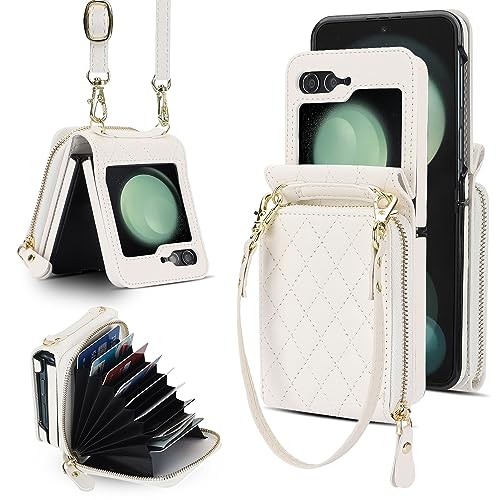XIZYO Crossbody Reißverschluss Leder Brieftasche Klapphülle für Samsung Galaxy Z Flip 5, mit Verstellbarem Abnehmbarem Kordel, für Frauen Mädchen Niedlich Luxus Handyhülle mit Kartenfach, Weiß von XIZYO