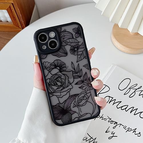 XIZYO Hülle für iPhone 15 6,1 Zoll, Transparent Matt Rose Floral Blume Muster Stoßfeste Handyhülle, Weiche TPU Stoßstange Schutzhülle, Schwarz von XIZYO