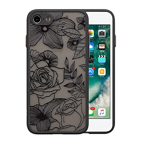 XIZYO Hülle für iPhone SE 2022/iPhone SE 2020/iPhone 8/iPhone 7, Transparent Matt Rose Floral Blume Muster Stoßfeste Handyhülle, Weiche TPU Stoßstange Schutzhülle, Schwarz von XIZYO