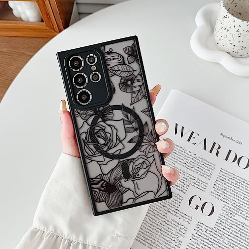 XIZYO Magnetisch Hülle für Samsung Galaxy S22 Ultra Kompatibel mit MagSafe, Transparent Matt Rose Floral Blume Muster Stoßfeste Handyhülle, Weiche TPU Stoßstange Schutzhülle, Schwarz von XIZYO