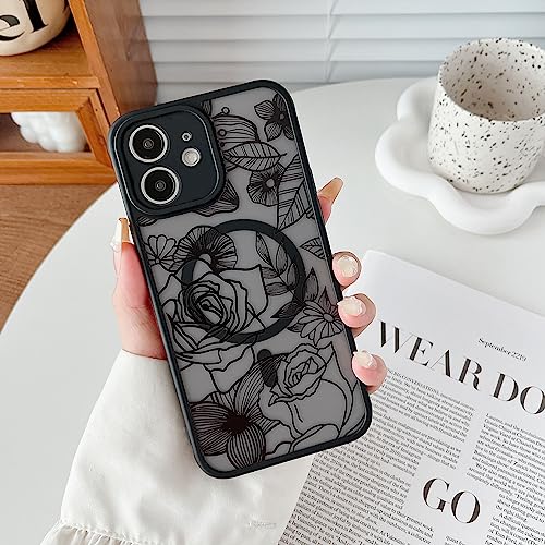 XIZYO Magnetisch Hülle für iPhone 11 Kompatibel mit MagSafe, Transparent Matt Rose Floral Blume Muster Stoßfeste Handyhülle, Weiche TPU Stoßstange Schutzhülle, Schwarz von XIZYO