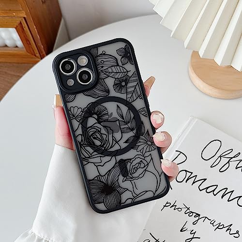 XIZYO Magnetisch Hülle für iPhone 15 Kompatibel mit MagSafe, Transparent Matt Rose Floral Blume Muster Stoßfeste Handyhülle, Weiche TPU Stoßstange Schutzhülle, Schwarz von XIZYO