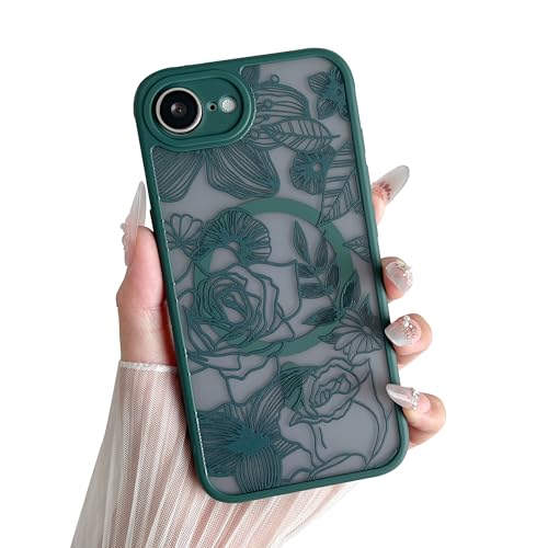 XIZYO Magnetische Schutzhülle für iPhone 16e, Blumen-Rose, niedliche Handyhülle [kompatibel mit Magsafe] für Frauen und Mädchen, ästhetisches Muster, schlank, stoßfest, stoßfest, Tiefgrün von XIZYO
