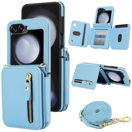 XIZYO Schutzhülle für Samsung Galaxy Z Flip 5, Leder, Brieftaschenformat, mit Umhängeband, Reißverschlussfach, Magnetverschluss, stoßfest, Ständer, Schutzhülle mit Kartenhalter, Blau XIZYO Schutzhülle für Samsung Galaxy Z Flip 5, Leder, Brieftaschenformat, mit Umhängeband, Reißverschlussfach, Magnetverschluss, stoßfest, Ständer, Schutzhülle mit Kartenhalter, Blau von XIZYO