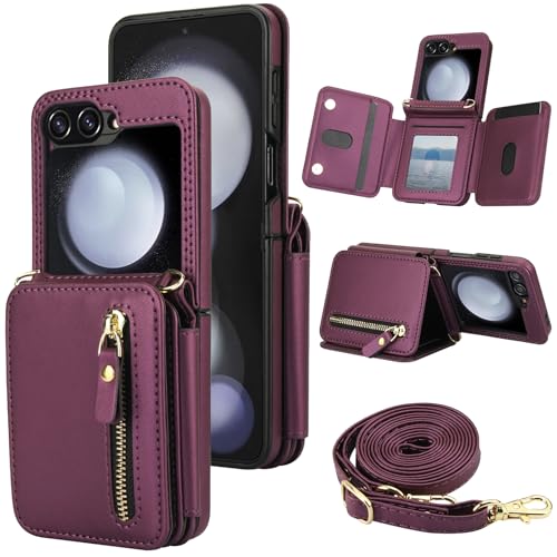 XIZYO Schutzhülle für Samsung Galaxy Z Flip 5, Leder, Brieftaschenformat, mit Umhängeband, Reißverschlussfach, Magnetverschluss, stoßfest, Ständer, Schutzhülle mit Kartenhalter, Dunkelviolett XIZYO Schutzhülle für Samsung Galaxy Z Flip 5, Leder, Brieftaschenformat, mit Umhängeband, Reißverschlussfach, Magnetverschluss, stoßfest, Ständer, Schutzhülle mit Kartenhalter, Dunkelviolett von XIZYO