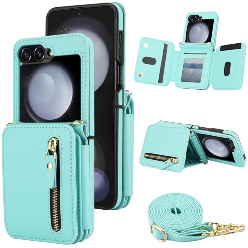 XIZYO Schutzhülle für Samsung Galaxy Z Flip 5, Leder, Brieftaschenformat, mit Umhängeband, Reißverschlussfach, Magnetverschluss, stoßfest, Ständer, Schutzhülle mit Kartenhalter, Grün XIZYO Schutzhülle für Samsung Galaxy Z Flip 5, Leder, Brieftaschenformat, mit Umhängeband, Reißverschlussfach, Magnetverschluss, stoßfest, Ständer, Schutzhülle mit Kartenhalter, Grün von XIZYO