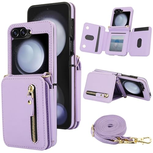 XIZYO Schutzhülle für Samsung Galaxy Z Flip 5, Leder, Brieftaschenformat, mit Umhängeband, Reißverschlussfach, Magnetverschluss, stoßfest, Ständer, Schutzhülle mit Kartenhalter, Hellviolett XIZYO Schutzhülle für Samsung Galaxy Z Flip 5, Leder, Brieftaschenformat, mit Umhängeband, Reißverschlussfach, Magnetverschluss, stoßfest, Ständer, Schutzhülle mit Kartenhalter, Hellviolett von XIZYO