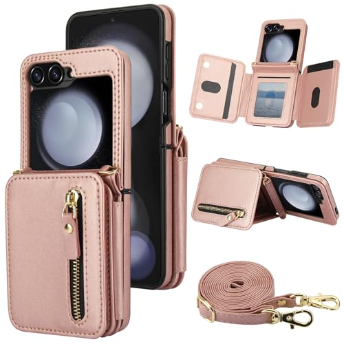 XIZYO Schutzhülle für Samsung Galaxy Z Flip 5, Leder, Brieftaschenformat, mit Umhängeband, Reißverschlussfach, Magnetverschluss, stoßfest, Ständer, Schutzhülle mit Kartenhalter, Roségold XIZYO Schutzhülle für Samsung Galaxy Z Flip 5, Leder, Brieftaschenformat, mit Umhängeband, Reißverschlussfach, Magnetverschluss, stoßfest, Ständer, Schutzhülle mit Kartenhalter, Roségold von XIZYO