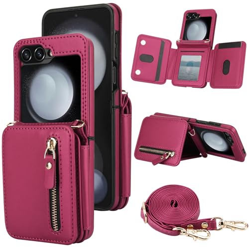 XIZYO Schutzhülle für Samsung Galaxy Z Flip 5, Leder, Brieftaschenformat, mit Umhängeband, Reißverschlussfach, Magnetverschluss, stoßfest, Ständer, Schutzhülle mit Kartenhalter, Rot XIZYO Schutzhülle für Samsung Galaxy Z Flip 5, Leder, Brieftaschenformat, mit Umhängeband, Reißverschlussfach, Magnetverschluss, stoßfest, Ständer, Schutzhülle mit Kartenhalter, Rot von XIZYO