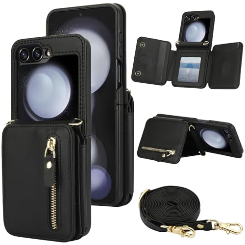 XIZYO Schutzhülle für Samsung Galaxy Z Flip 5, Leder, Brieftaschenformat, mit Umhängeband, Reißverschlussfach, Magnetverschluss, stoßfest, Ständer, Schutzhülle mit Kartenhalter, Schwarz XIZYO Schutzhülle für Samsung Galaxy Z Flip 5, Leder, Brieftaschenformat, mit Umhängeband, Reißverschlussfach, Magnetverschluss, stoßfest, Ständer, Schutzhülle mit Kartenhalter, Schwarz von XIZYO