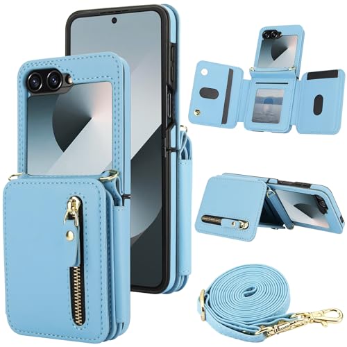 XIZYO Schutzhülle für Samsung Galaxy Z Flip 6, Leder, Brieftaschenformat, mit Umhängeband, Reißverschlussfach, Magnetverschluss, stoßfest, Ständer, Schutzhülle mit Kartenhalter, Blau von XIZYO