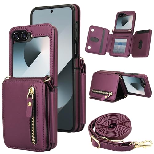 XIZYO Schutzhülle für Samsung Galaxy Z Flip 6, Leder, Brieftaschenformat, mit Umhängeband, Reißverschlussfach, Magnetverschluss, stoßfest, Ständer, Schutzhülle mit Kartenhalter, Dunkelviolett XIZYO Schutzhülle für Samsung Galaxy Z Flip 6, Leder, Brieftaschenformat, mit Umhängeband, Reißverschlussfach, Magnetverschluss, stoßfest, Ständer, Schutzhülle mit Kartenhalter, Dunkelviolett von XIZYO