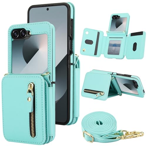 XIZYO Schutzhülle für Samsung Galaxy Z Flip 6, Leder, Brieftaschenformat, mit Umhängeband, Reißverschlussfach, Magnetverschluss, stoßfest, Ständer, Schutzhülle mit Kartenhalter, Grün XIZYO Schutzhülle für Samsung Galaxy Z Flip 6, Leder, Brieftaschenformat, mit Umhängeband, Reißverschlussfach, Magnetverschluss, stoßfest, Ständer, Schutzhülle mit Kartenhalter, Grün von XIZYO