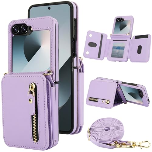 XIZYO Schutzhülle für Samsung Galaxy Z Flip 6, Leder, Brieftaschenformat, mit Umhängeband, Reißverschlussfach, Magnetverschluss, stoßfest, Ständer, Schutzhülle mit Kartenhalter, Hellviolett XIZYO Schutzhülle für Samsung Galaxy Z Flip 6, Leder, Brieftaschenformat, mit Umhängeband, Reißverschlussfach, Magnetverschluss, stoßfest, Ständer, Schutzhülle mit Kartenhalter, Hellviolett von XIZYO