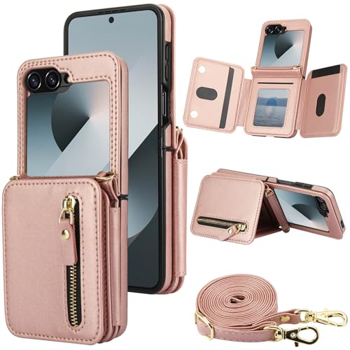 XIZYO Schutzhülle für Samsung Galaxy Z Flip 6, Leder, Brieftaschenformat, mit Umhängeband, Reißverschlussfach, Magnetverschluss, stoßfest, Ständer, Schutzhülle mit Kartenhalter, Roségold XIZYO Schutzhülle für Samsung Galaxy Z Flip 6, Leder, Brieftaschenformat, mit Umhängeband, Reißverschlussfach, Magnetverschluss, stoßfest, Ständer, Schutzhülle mit Kartenhalter, Roségold von XIZYO