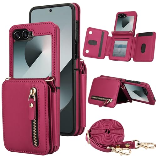 XIZYO Schutzhülle für Samsung Galaxy Z Flip 6, Leder, Brieftaschenformat, mit Umhängeband, Reißverschlussfach, Magnetverschluss, stoßfest, Ständer, Schutzhülle mit Kartenhalter, Rot XIZYO Schutzhülle für Samsung Galaxy Z Flip 6, Leder, Brieftaschenformat, mit Umhängeband, Reißverschlussfach, Magnetverschluss, stoßfest, Ständer, Schutzhülle mit Kartenhalter, Rot von XIZYO