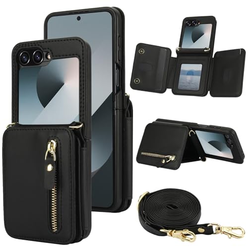 XIZYO Schutzhülle für Samsung Galaxy Z Flip 6, Leder, Brieftaschenformat, mit Umhängeband, Reißverschlussfach, Magnetverschluss, stoßfest, Ständer, Schutzhülle mit Kartenhalter, Schwarz XIZYO Schutzhülle für Samsung Galaxy Z Flip 6, Leder, Brieftaschenformat, mit Umhängeband, Reißverschlussfach, Magnetverschluss, stoßfest, Ständer, Schutzhülle mit Kartenhalter, Schwarz von XIZYO